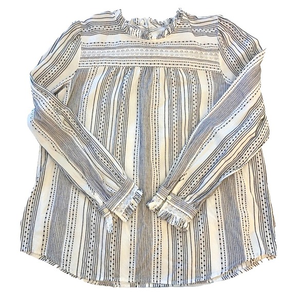 LOFT Tops - LOFT Dobby Stripe Lace Peasant Top Sz M/L White Black Cotton Boho‎ Romantic Twee